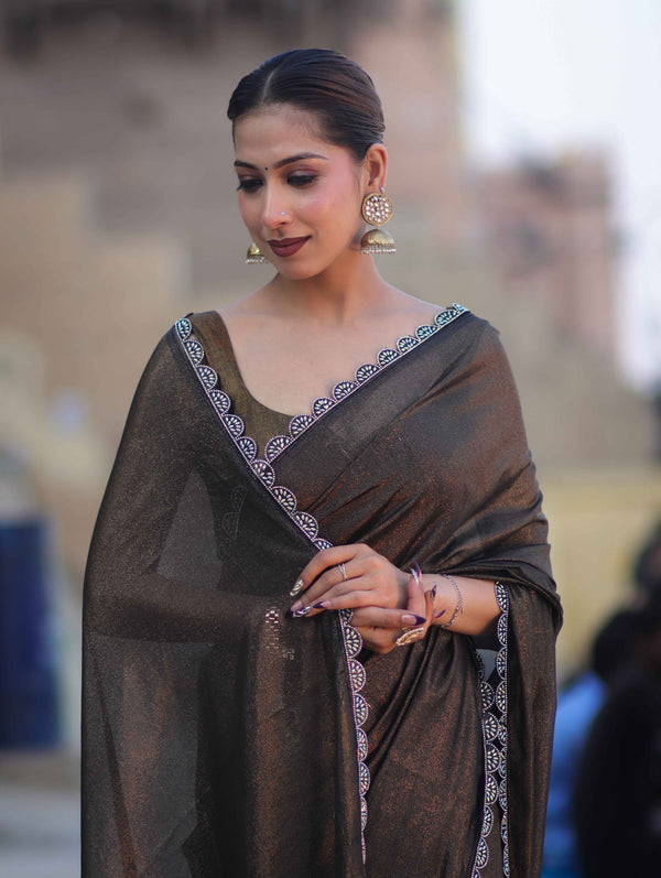 Banarasee Handwoven Shimmer Silk Saree With Lace-Black (Gold Tone)