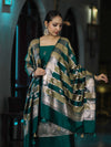 Banarasee Semi Katan Zari Work Salwar Kameez Fabric With Dupatta Set-Teal Green
