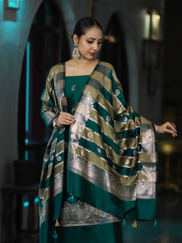 Banarasee Semi Katan Zari Work Salwar Kameez Fabric With Dupatta Set-Teal Green