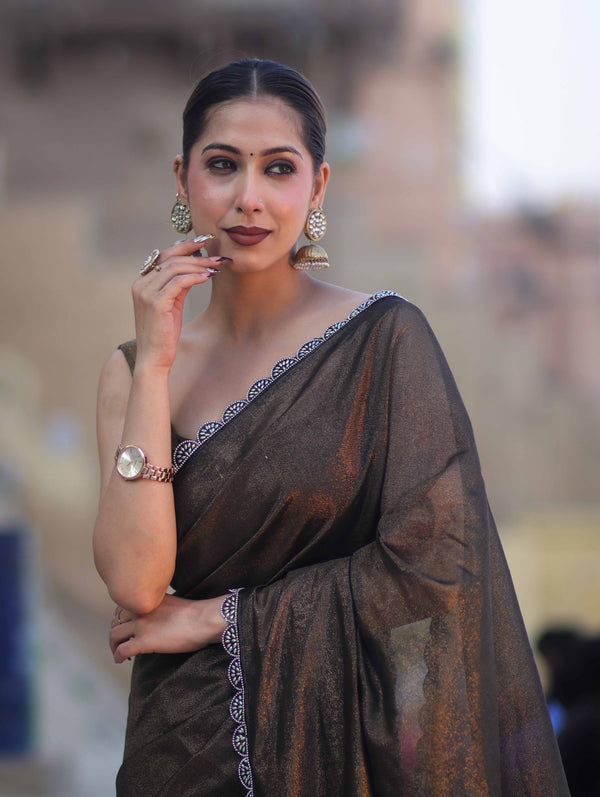 Banarasee Handwoven Shimmer Silk Saree With Lace-Black (Gold Tone)