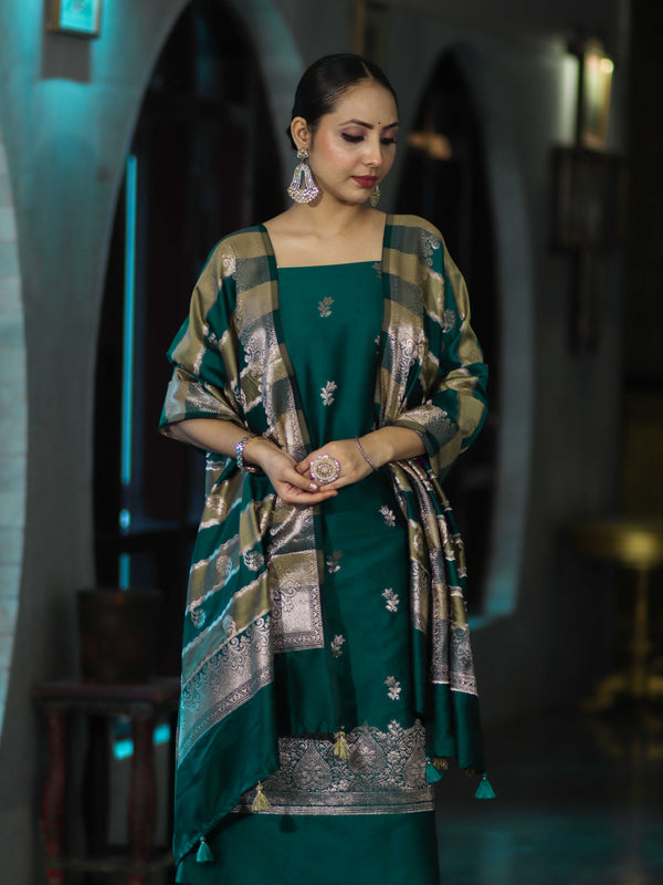Banarasee Semi Katan Zari Work Salwar Kameez Fabric With Dupatta Set-Teal Green