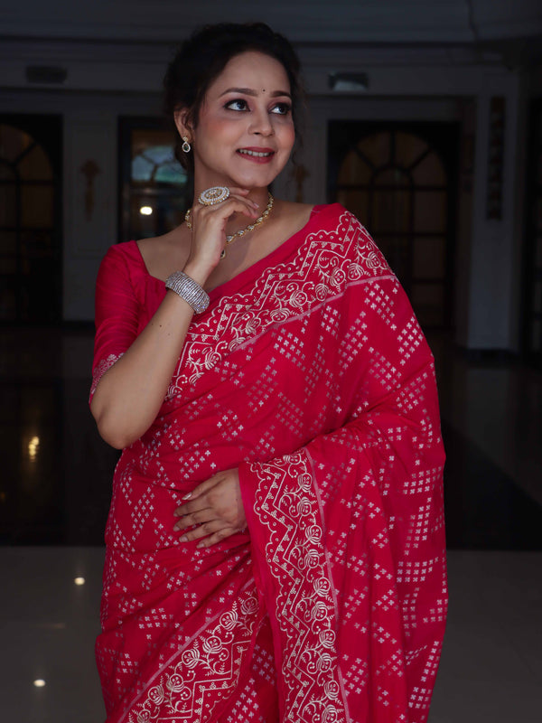Banarasee Semi Chiffon Saree With Buti Design & Hand Embroidery Border-Pink