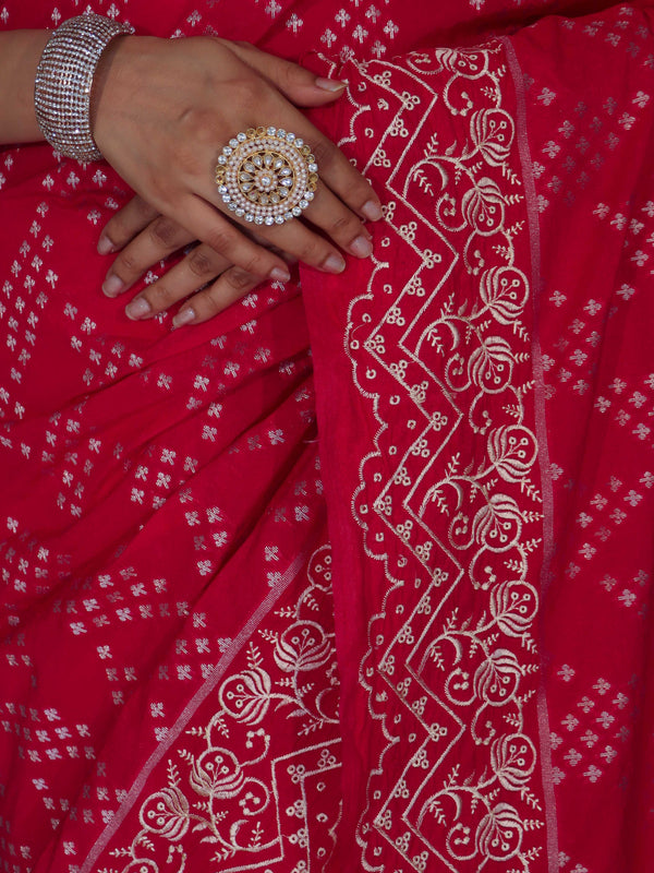 Banarasee Semi Chiffon Saree With Buti Design & Hand Embroidery Border-Pink