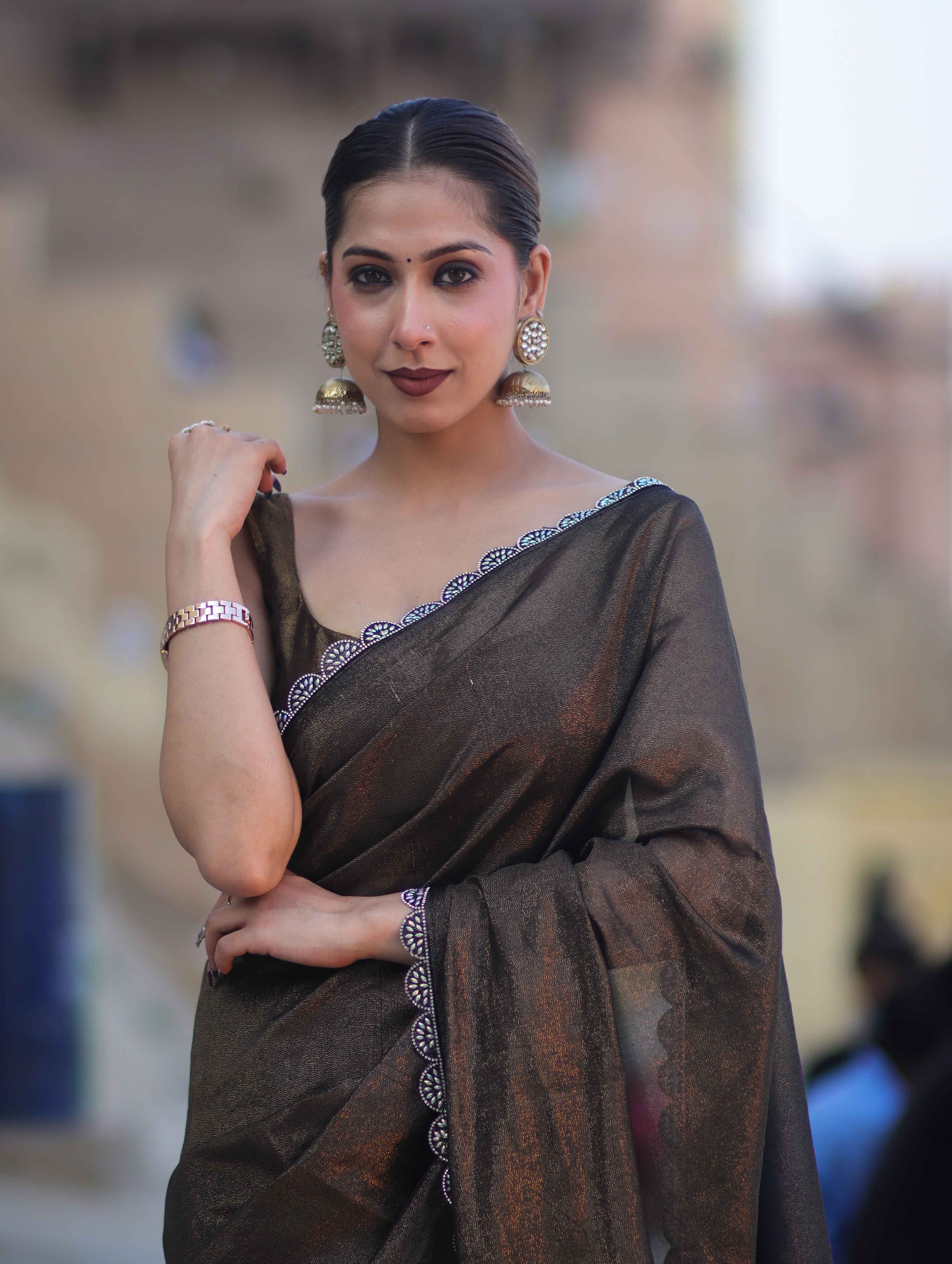 Banarasee Handwoven Shimmer Silk Saree With Lace-Black (Gold Tone)