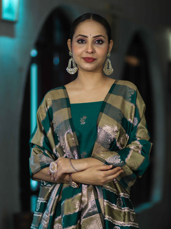 Banarasee Semi Katan Zari Work Salwar Kameez Fabric With Dupatta Set-Teal Green