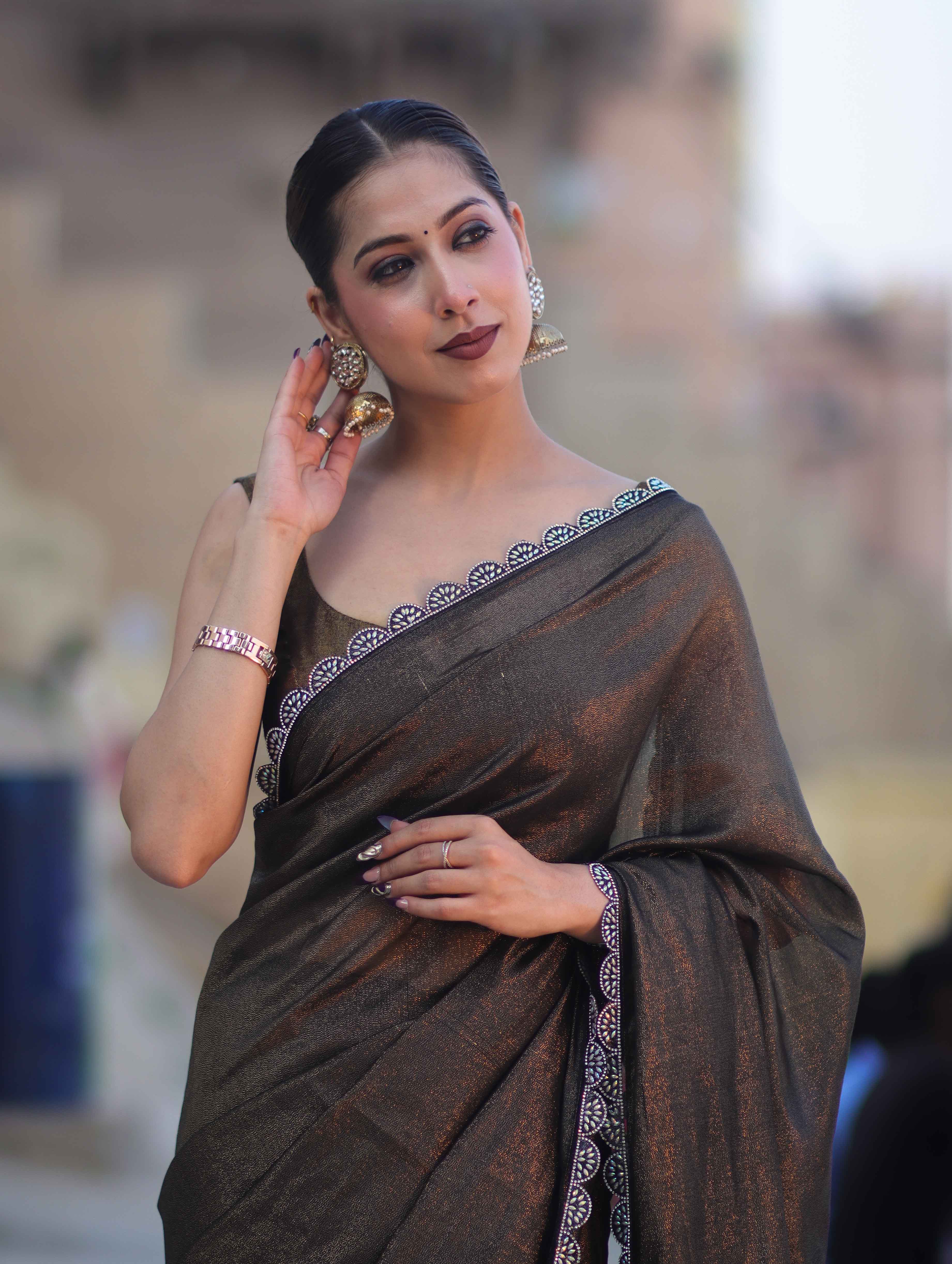 Banarasee Handwoven Shimmer Silk Saree With Lace-Black (Gold Tone)
