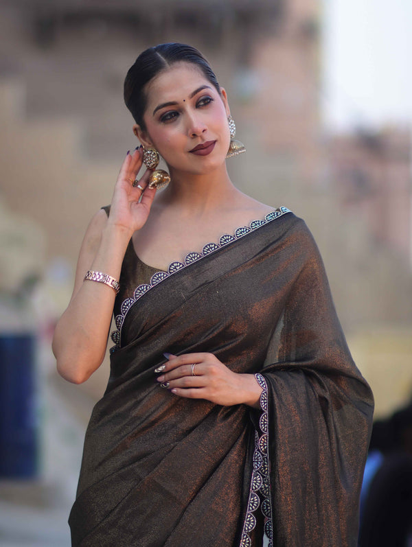 Banarasee Handwoven Shimmer Silk Saree With Lace-Black (Gold Tone)