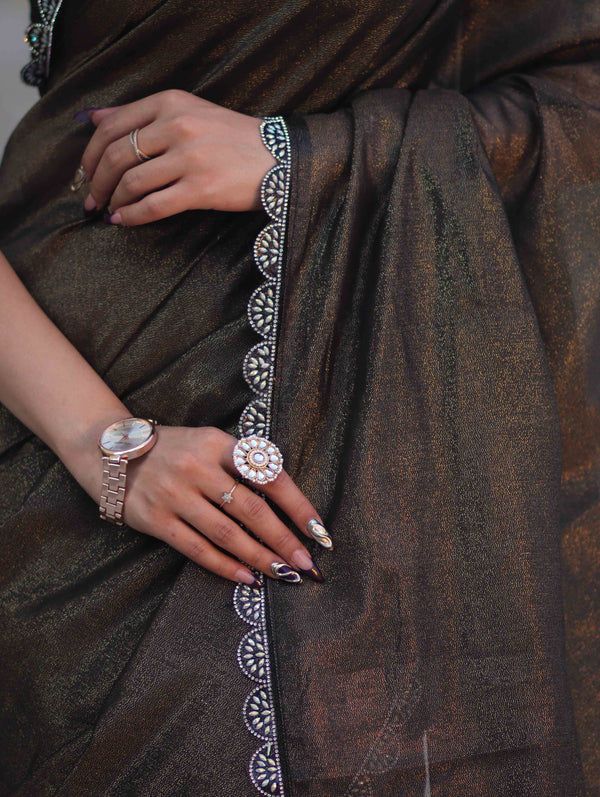 Banarasee Handwoven Shimmer Silk Saree With Lace-Black (Gold Tone)