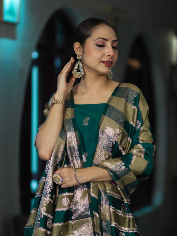 Banarasee Semi Katan Zari Work Salwar Kameez Fabric With Dupatta Set-Teal Green