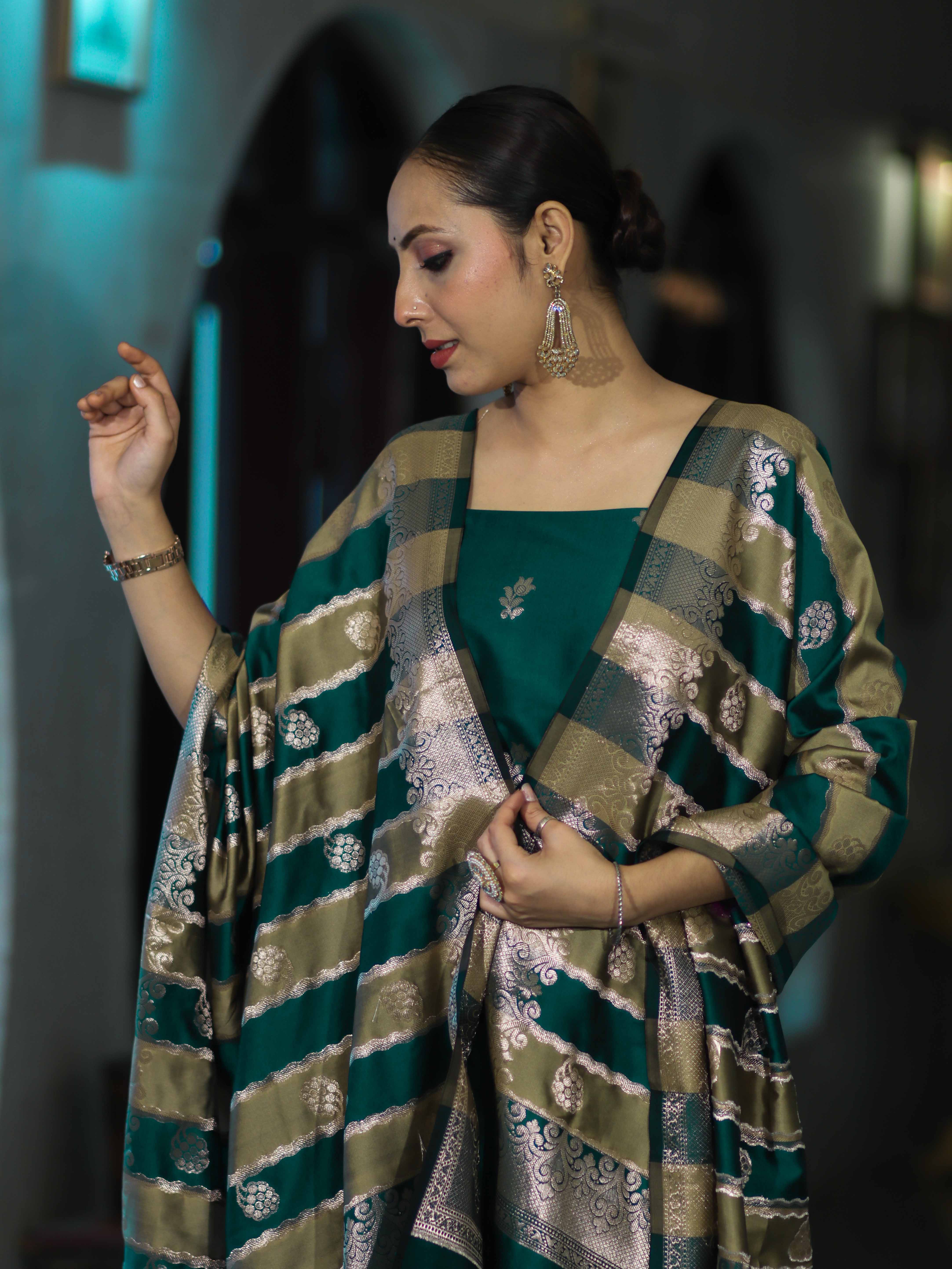 Banarasee Semi Katan Zari Work Salwar Kameez Fabric With Dupatta Set-Teal Green