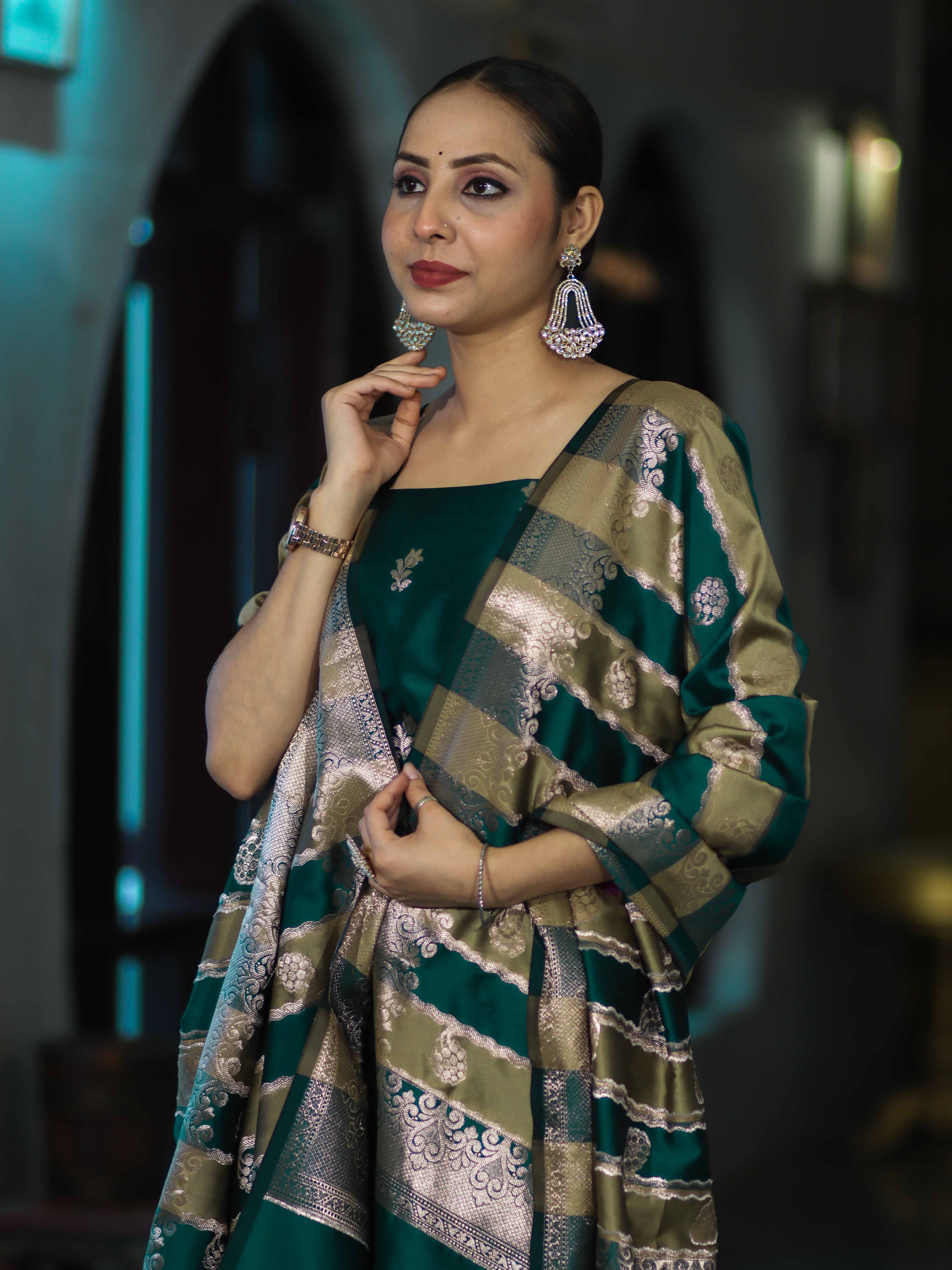 Banarasee Semi Katan Zari Work Salwar Kameez Fabric With Dupatta Set-Teal Green