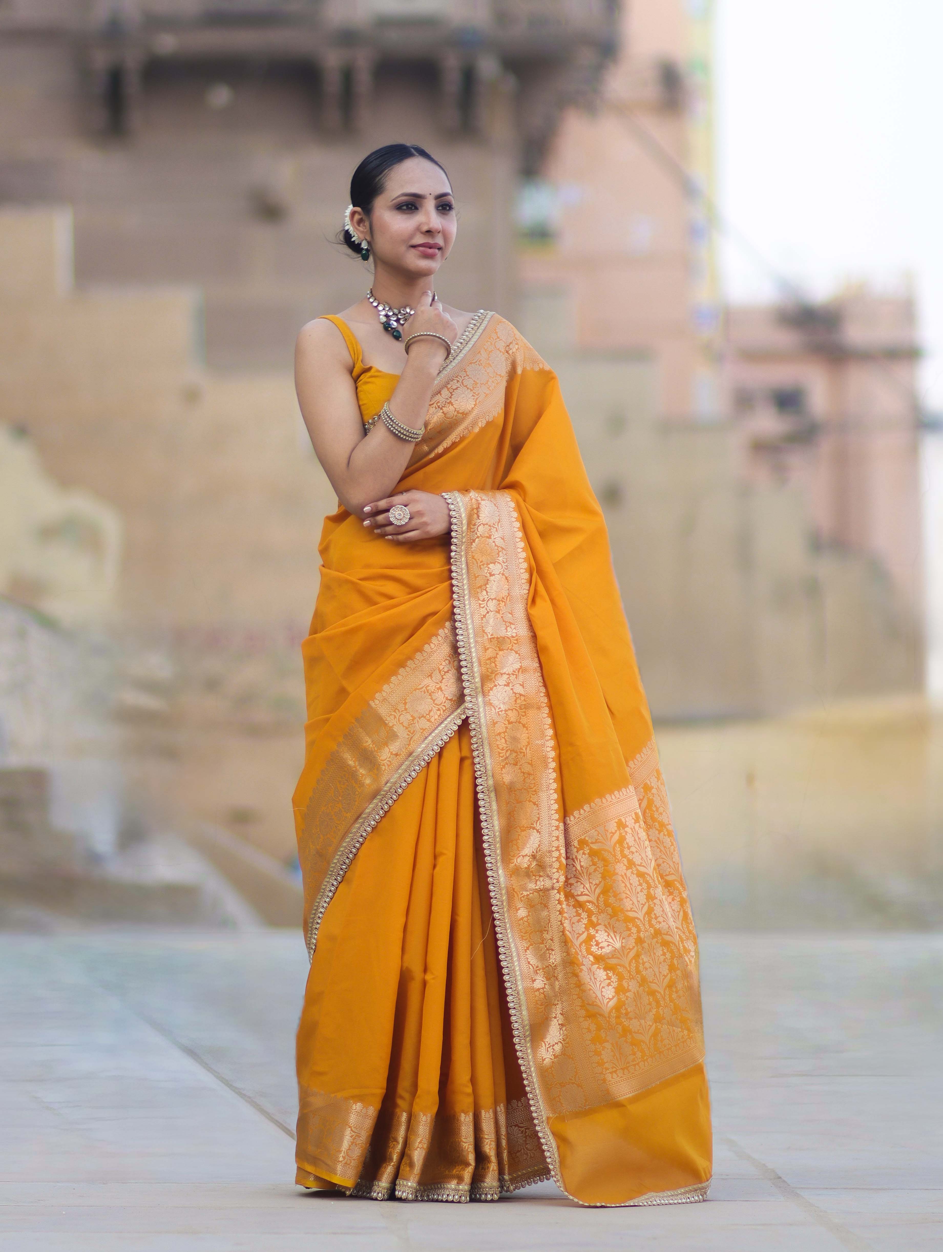 Banarasee Handloom Semi Silk Plain Saree With Zari Border & Lace-Mustard Yellow