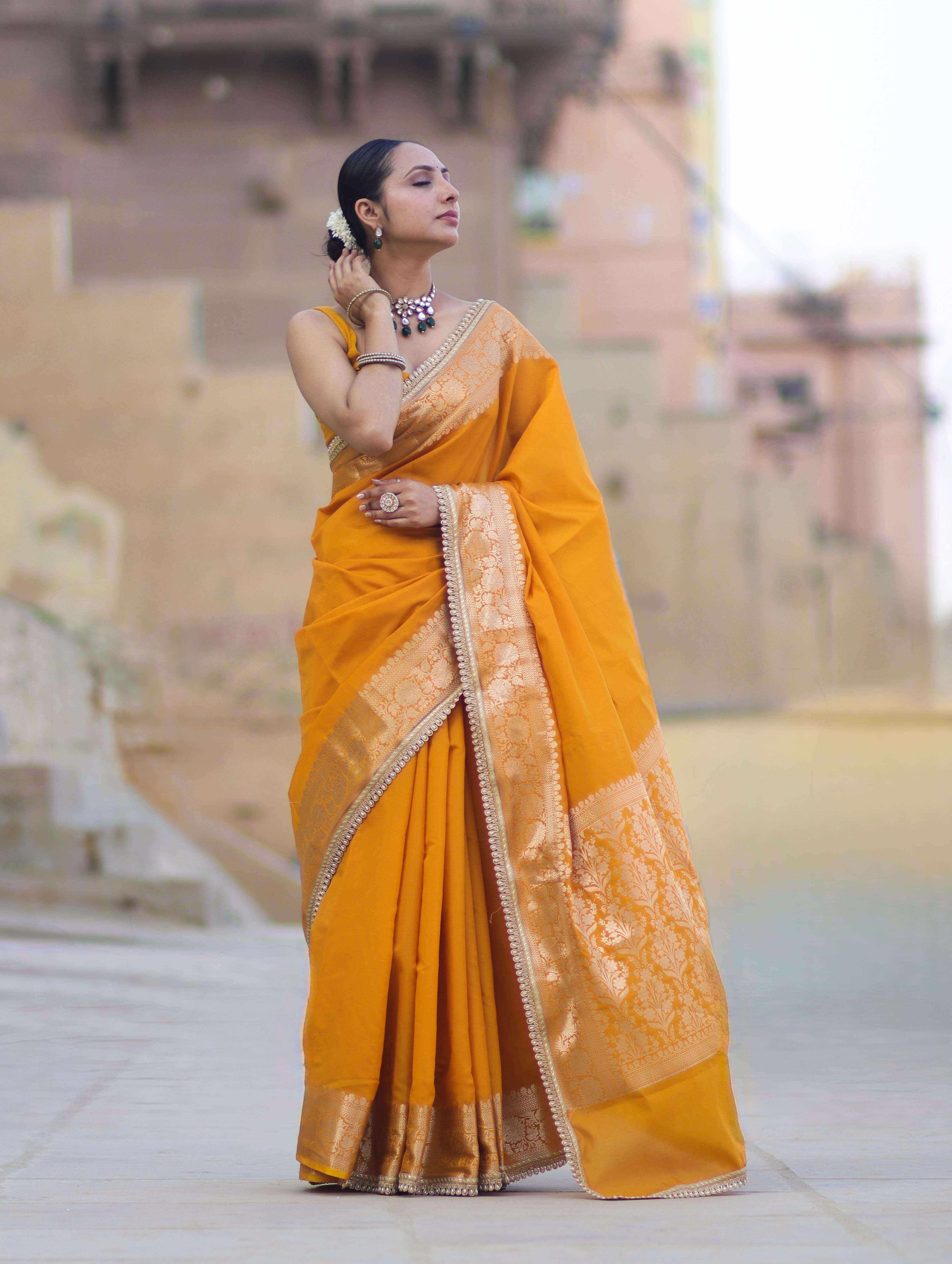 Banarasee Handloom Semi Silk Plain Saree With Zari Border & Lace-Mustard Yellow