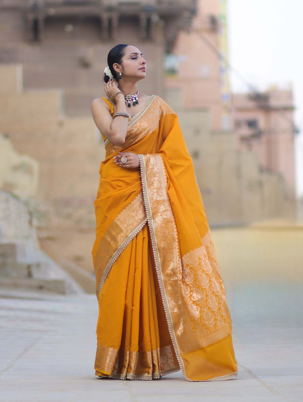 Banarasee Handloom Semi Silk Plain Saree With Zari Border & Lace-Mustard Yellow