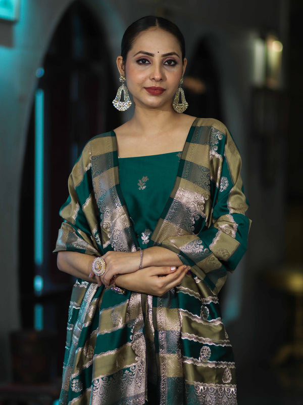 Banarasee Semi Katan Zari Work Salwar Kameez Fabric With Dupatta Set-Teal Green