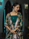 Banarasee Semi Katan Zari Work Salwar Kameez Fabric With Dupatta Set-Teal Green