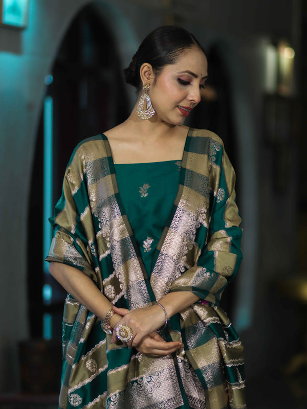 Banarasee Semi Katan Zari Work Salwar Kameez Fabric With Dupatta Set-Teal Green