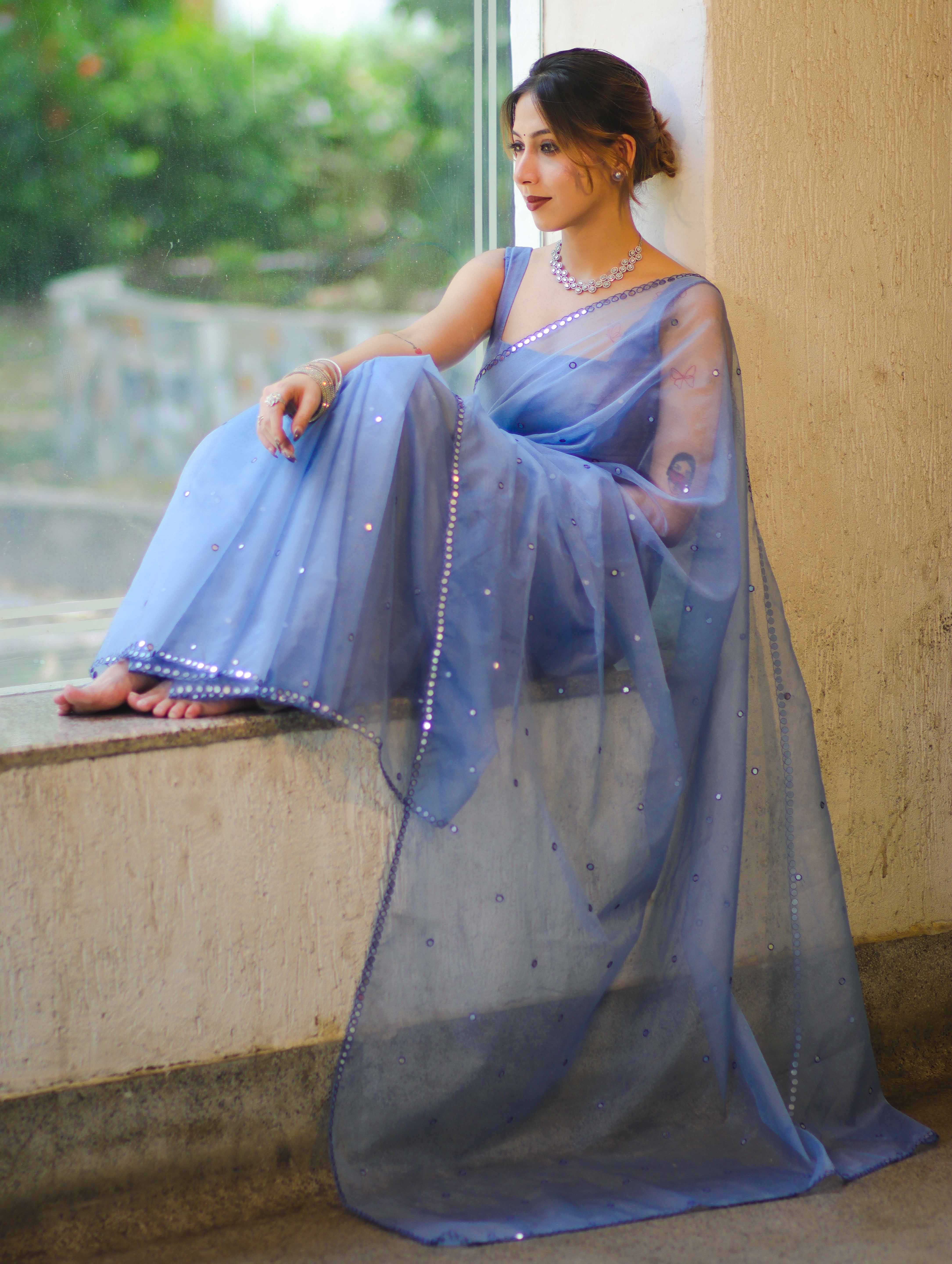 Banarasee Handwoven Organza Mix Saree With Mirror Work-Light Blue