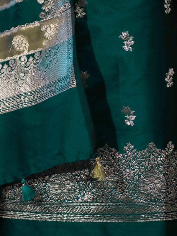 Banarasee Semi Katan Zari Work Salwar Kameez Fabric With Dupatta Set-Teal Green