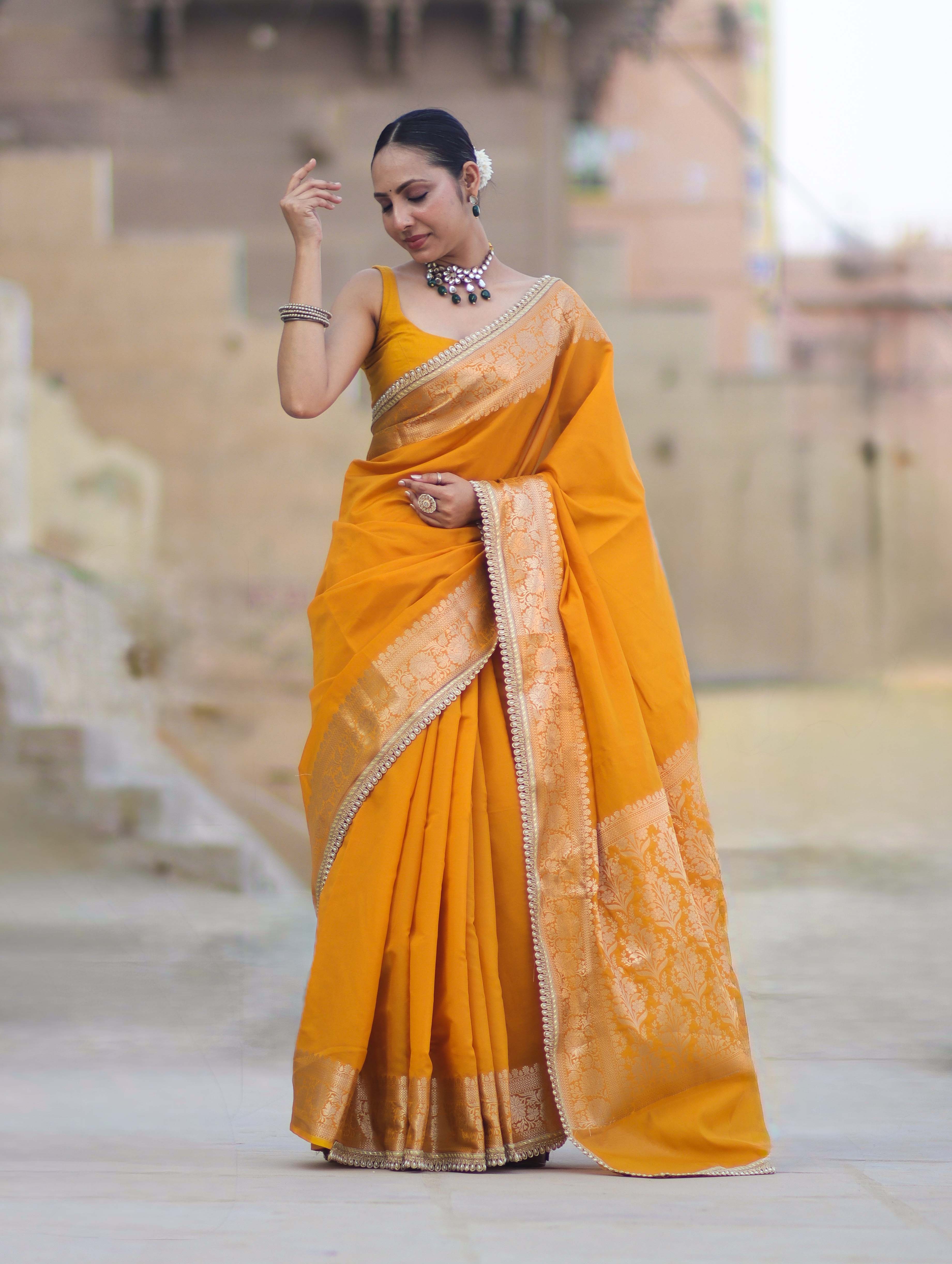 Banarasee Handloom Semi Silk Plain Saree With Zari Border & Lace-Mustard Yellow