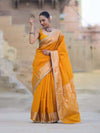 Banarasee Handloom Semi Silk Plain Saree With Zari Border & Lace-Mustard Yellow