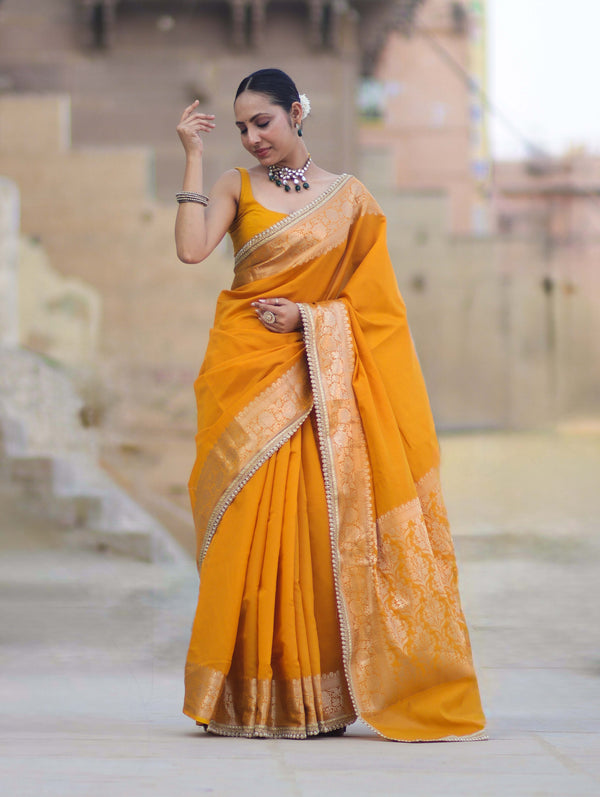 Banarasee Handloom Semi Silk Plain Saree With Zari Border & Lace-Mustard Yellow