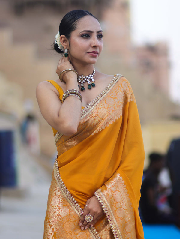 Banarasee Handloom Semi Silk Plain Saree With Zari Border & Lace-Mustard Yellow