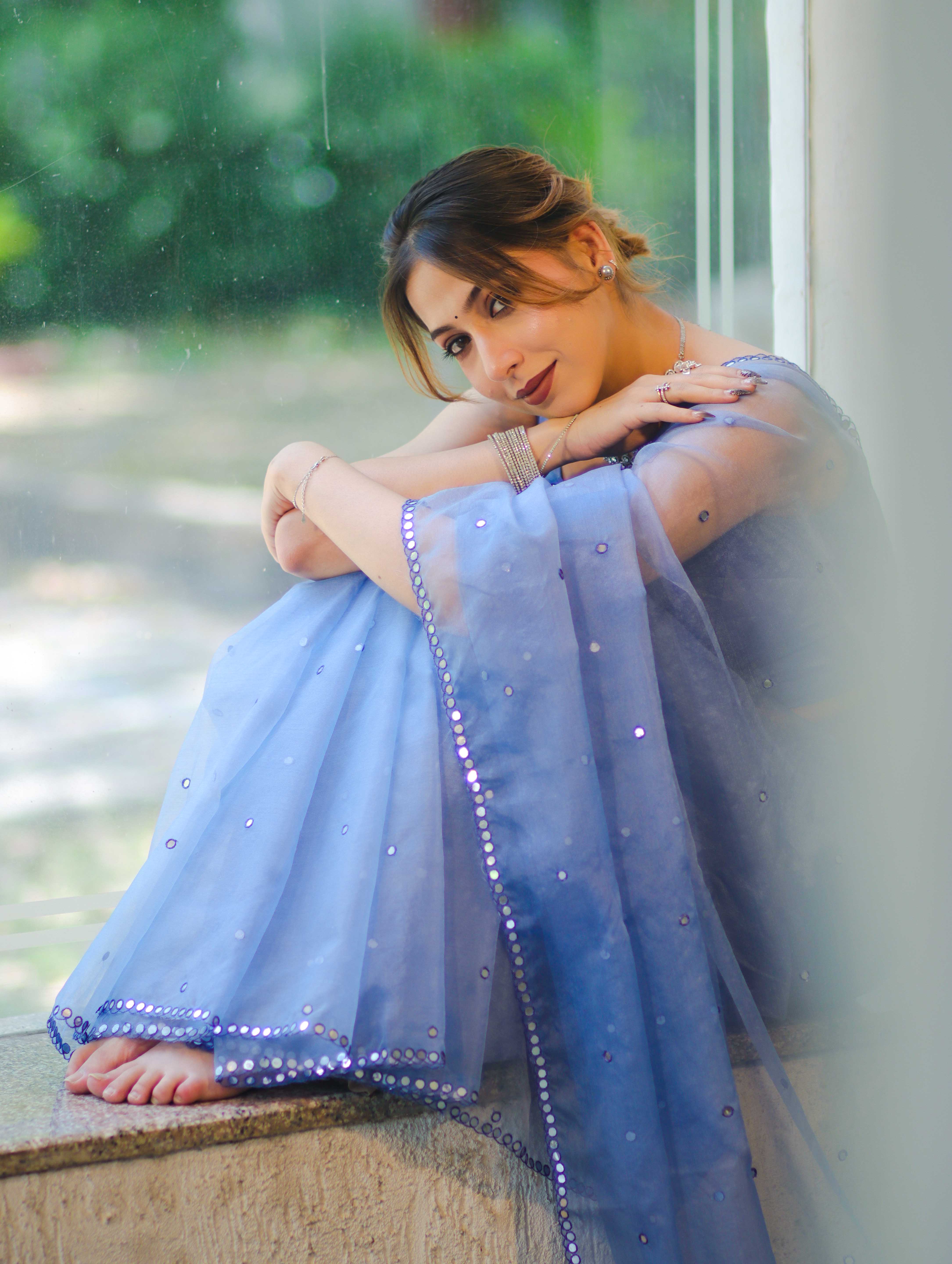 Banarasee Handwoven Organza Mix Saree With Mirror Work-Light Blue