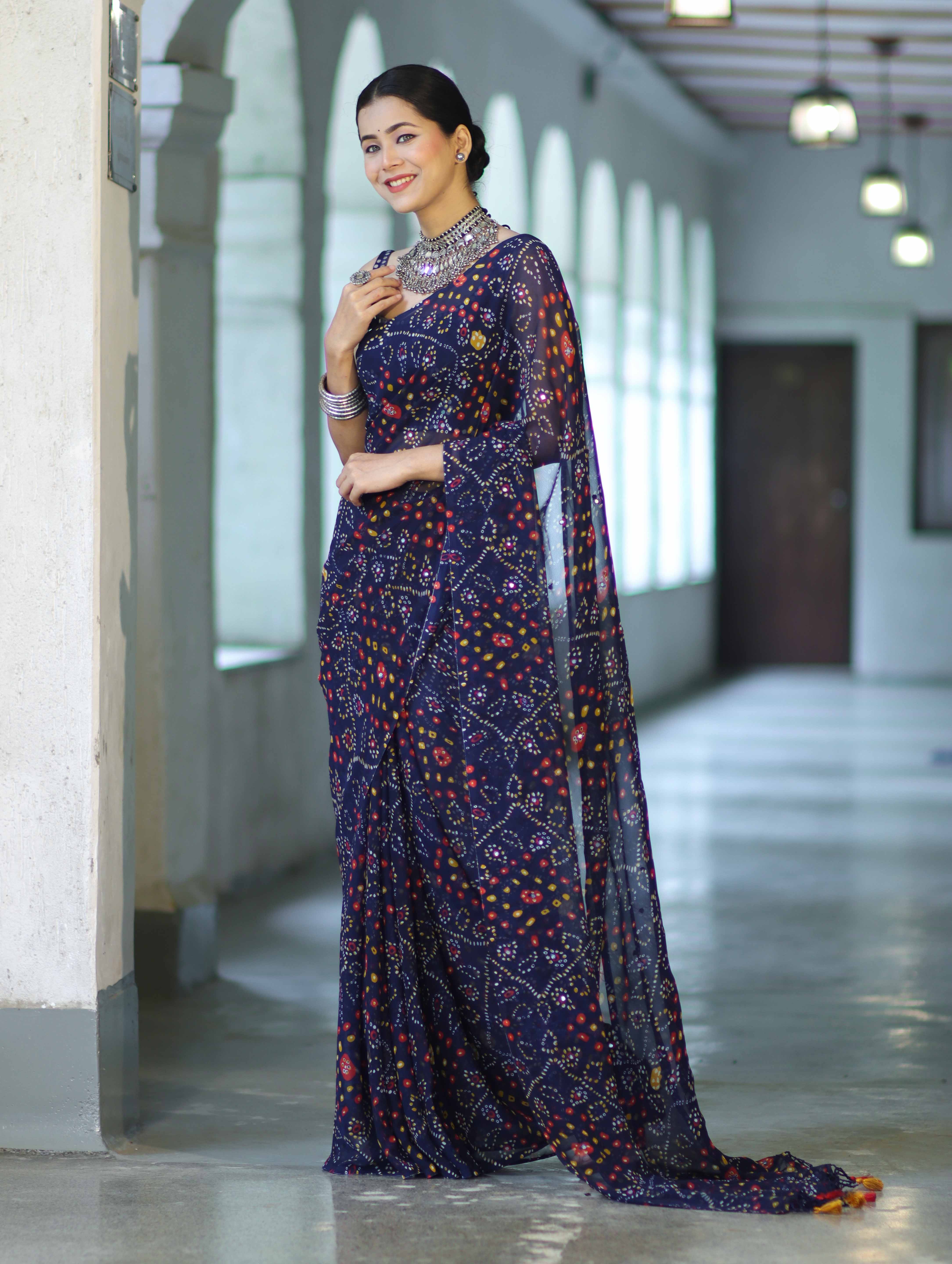 Banarasee Printed Handwork Chiffon Saree-Navy Blue