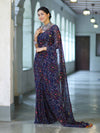 Banarasee Printed Handwork Chiffon Saree-Navy Blue