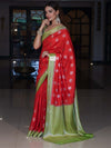 Banarasee Handloom Pure Silk Saree With Zari Buta Work & Contrast Border-Red & Green