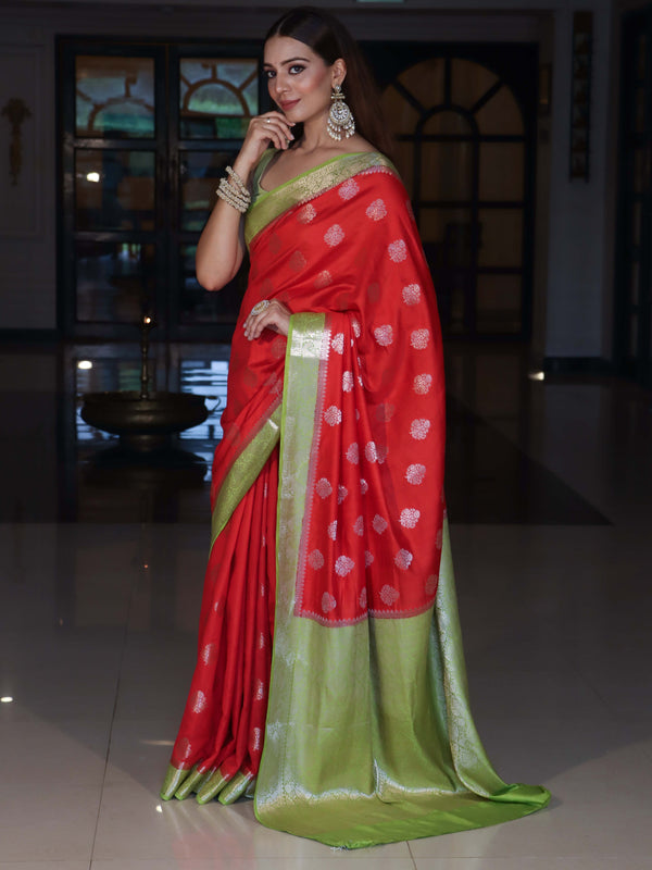 Banarasee Handloom Pure Silk Saree With Zari Buta Work & Contrast Border-Red & Green