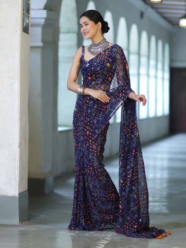 Banarasee Printed Handwork Chiffon Saree-Navy Blue