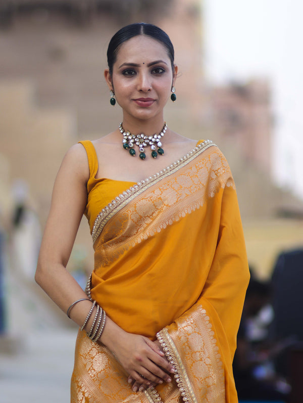 Banarasee Handloom Semi Silk Plain Saree With Zari Border & Lace-Mustard Yellow