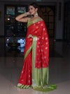 Banarasee Handloom Pure Silk Saree With Zari Buta Work & Contrast Border-Red & Green