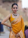 Banarasee Handloom Semi Silk Plain Saree With Zari Border & Lace-Mustard Yellow