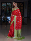 Banarasee Handloom Pure Silk Saree With Zari Buta Work & Contrast Border-Red & Green