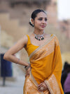 Banarasee Handloom Semi Silk Plain Saree With Zari Border & Lace-Mustard Yellow