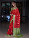 Banarasee Handloom Pure Silk Saree With Zari Buta Work & Contrast Border-Red & Green