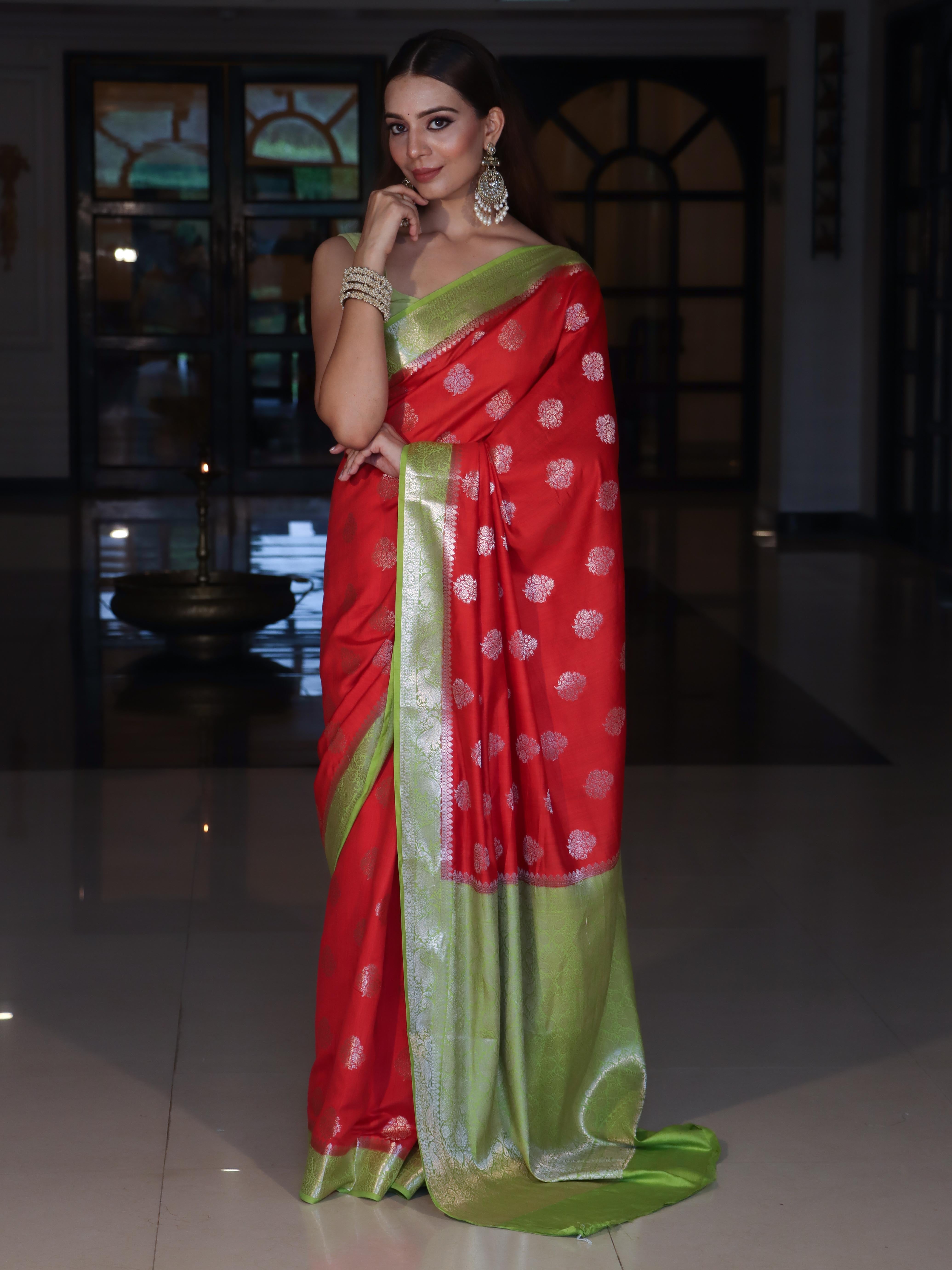 Banarasee Handloom Pure Silk Saree With Zari Buta Work & Contrast Border-Red & Green