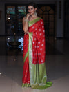 Banarasee Handloom Pure Silk Saree With Zari Buta Work & Contrast Border-Red & Green