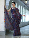 Banarasee Printed Handwork Chiffon Saree-Navy Blue