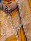 Banarasee Handloom Semi Silk Plain Saree With Zari Border & Lace-Mustard Yellow