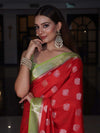 Banarasee Handloom Pure Silk Saree With Zari Buta Work & Contrast Border-Red & Green