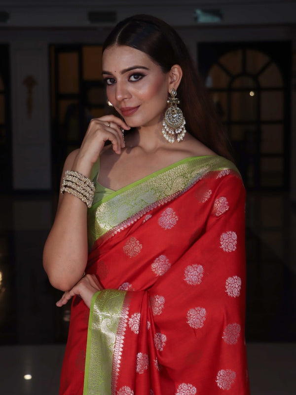 Banarasee Handloom Pure Silk Saree With Zari Buta Work & Contrast Border-Red & Green
