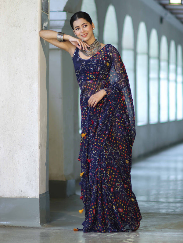 Banarasee Printed Handwork Chiffon Saree-Navy Blue
