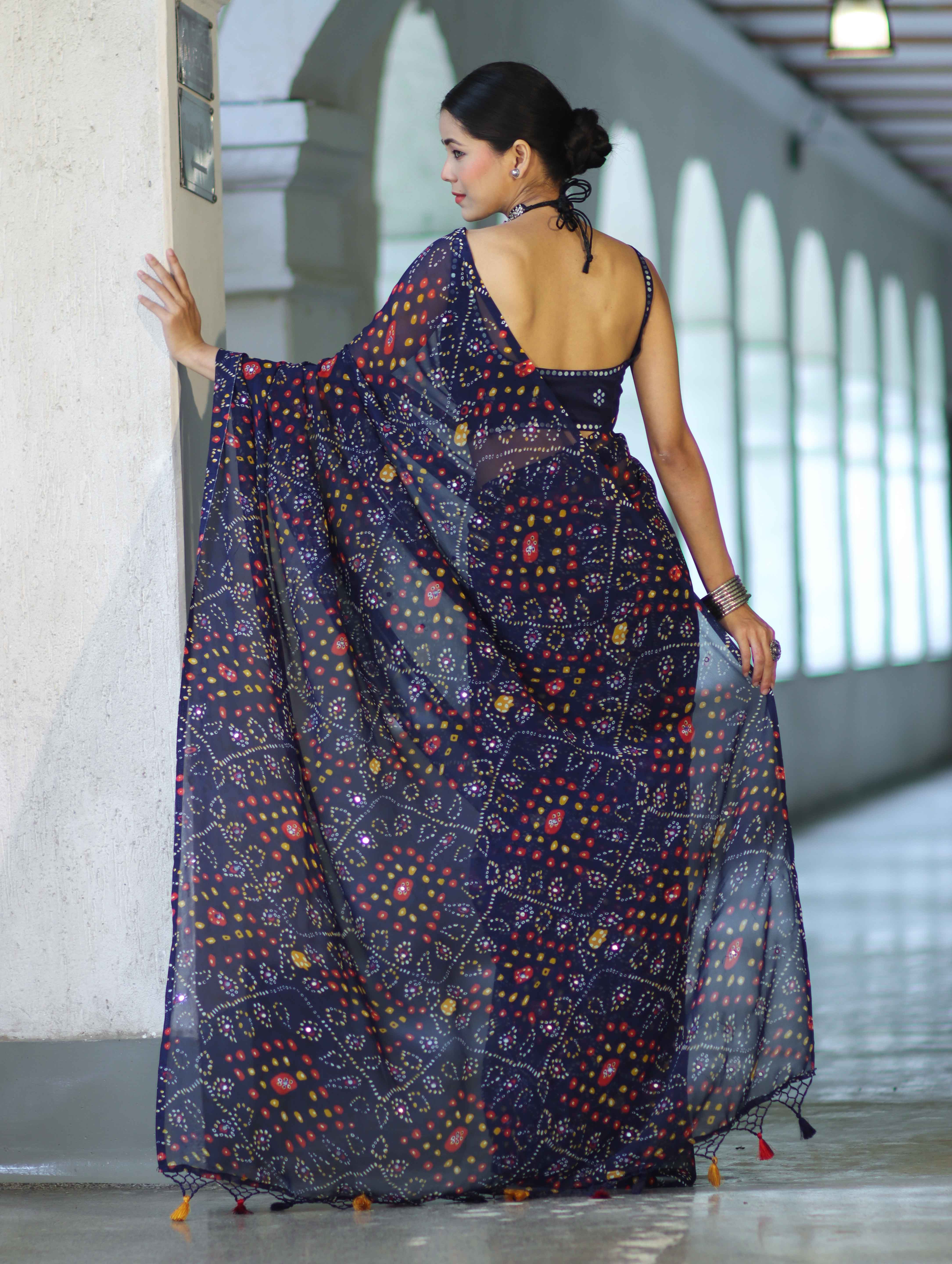 Banarasee Printed Handwork Chiffon Saree-Navy Blue