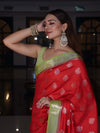 Banarasee Handloom Pure Silk Saree With Zari Buta Work & Contrast Border-Red & Green