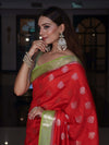 Banarasee Handloom Pure Silk Saree With Zari Buta Work & Contrast Border-Red & Green