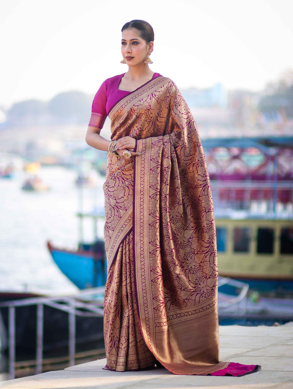 Banarasee Handloom Semi Katan Saree With Gold Zari Woven Design-Magenta